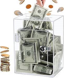 Clear Piggy Bank,Piggy Bank for Adults,Acrylic Transparent Money Box with Key,Kids' Money Banks Coins Saving Cash Container Box Coin Jar for Boys and Girls