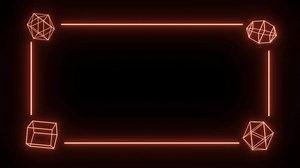 Download Glowing neon geometric shapGlowing neon geometric shapes, including 3D cubes and polygons, are arranged in the corners of a rectangular frame on a dark background for free