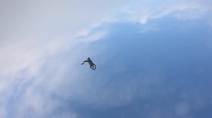 The deployment of parachute in the sky. Slow motion.