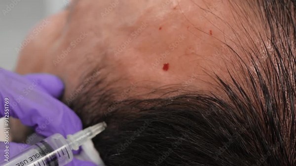 Detailed view of male hair treatment procedure involving injections in a clinical environment. Close-up of man hair treatment procedure with syringe injection on the scalp by a professional in gloves