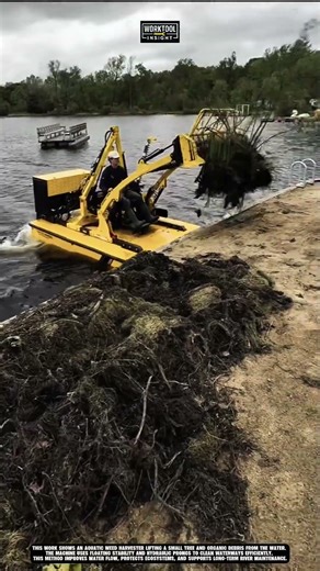 Removing river debris near shoreline using work tool aquatic weed harvester #tool #worktool.
