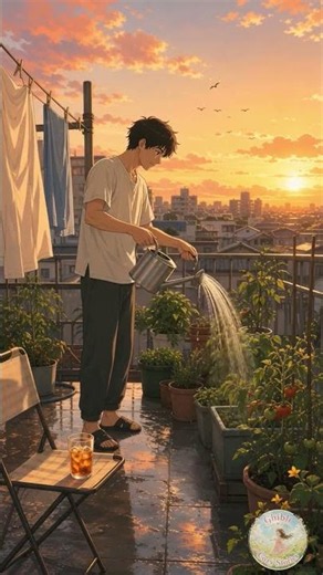 Watering a rooftop tomato garden while watching a cozy sunset | Cozy Story Ghibli-Style ASMR