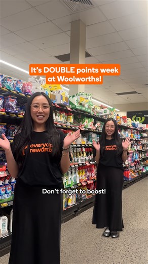 Double points and double the fun! It’s DOUBLE points week at Woolworths in-store and online. Make sure to boost the offer in the Everyday Rewards app before you shop 🧡 Exclusions & T&Cs apply. Offer ends 17/2/26. #everydayrewards #makeeverydaycount | Everyday Rewards