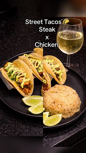 Chicken and steak street tacos, cilantro lime rice and avocado salsa #streettacos #draftdump #cookingathome #fypシ #blaxican