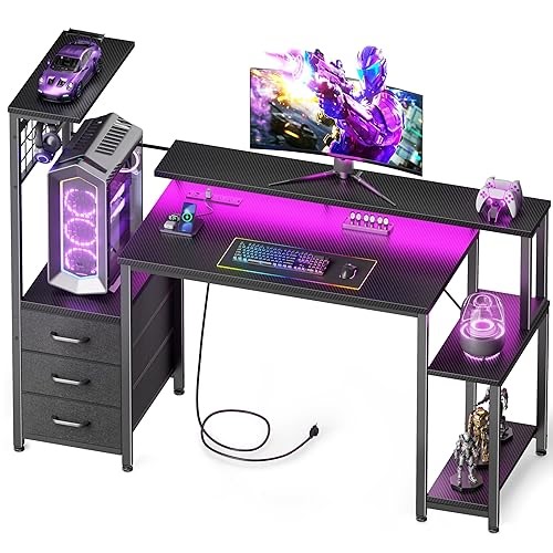 Korfile 48 Inch Gaming Desk with LED Lights & Power Outlets,Computer Desk with Fabric Drawers & Side Hook,R