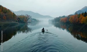 A boatman sails a boat along a river. arashiyama in the fall season along a river in kyoto, japan