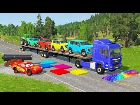 TRANSPORTING PIXAR CARS & FRUITS WITH COLORED & JOHN DEERE vs CLAAS vs TRACTORS - BeamNG.drive #1