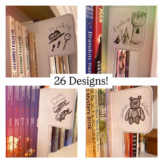 26 Library Genre Bookshelf Tabs | Personal Home Library Signs, Labels, Organization | Hand Drawn Book Art - Etsy