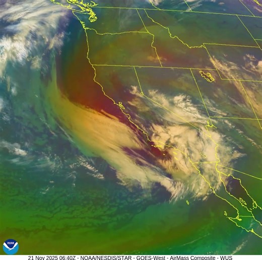This Air Mass imagery from NOAA’s GOES West (GOES-18) satellite is showing a swirling low-pressure system impacting the southwestern U.S. this morning. It’s triggering Flood Watches and Warnings in parts of southern California and Arizona, with Winter Storm Warnings in effect for some higher elevations. Latest: www.weather.gov | NOAA Satellite and Information Service