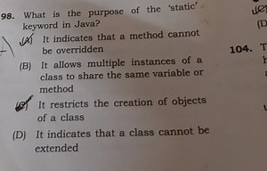 What is the purpose of the 'static' keyword in Java?(A) It in... | Filo