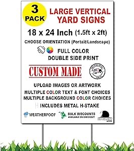 Three Pack QTY3 Custom Vertical Yard Signs, 18 x 24 Inch Yard/Lawn Sign Portrait, Full Color Double Sided, Outdoor, Weatherproof, Corrugated Plastic, Steel H-Stake Included, by Moonlight4225