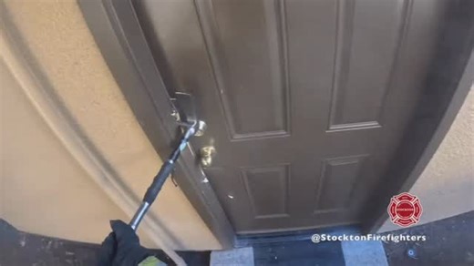 Stockton Firefighters on Instagram: "This clip is from a recent emergency with Engine 10 arriving on scene to a fire behind a locked door. Firefighters carry forcible entry tools and are ready to gain access under any means. The firefighting “baseball swing” is a forcible entry technique using a halligan bar, where a firefighter swings the tool like a baseball bat to drive the pike end into a door frame. This allows the firefighter to then use the leverage of the bar to pry the door open, making