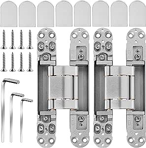 Onedaful 2 Kits 7 inch Stainless Steel Hidden Door Hinges Invisible Hinges for Door, 180 Degree Swing Concealed Hinges, 3 Way Adjustable & Heavy Duty for Secret Door (Load-Bearing Up to 170lbs)