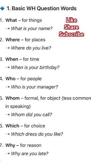 Usage of WH Question words#when #where #Who # Whom #whose #What