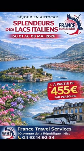 Voyage France Travel Services on Instagram: "✨ SPLENDEURS DES LACS ITALIENS Séjour en autocar – Spécial 1er mai Partez à la découverte des plus beaux joyaux d’Italie lors d’un séjour d’exception entre lacs et paysages grandioses. Du 01 au 03 mai 2026, laissez-vous séduire par l’élégance du lac Majeur, le charme des îles Borromées, la douceur de Lugano et la beauté intemporelle du lac de Côme. Voyagez confortablement en autocar Grand Tourisme, profitez d’une organisation soignée, d’hébergements s