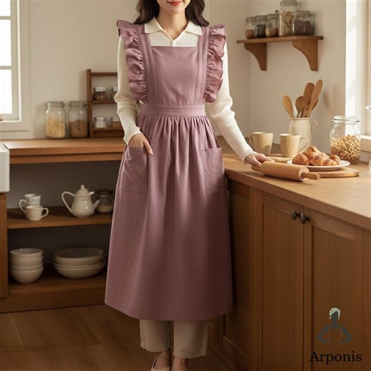 Ruffle Pinafore Apron Dress – Cotton Kitchen Apron, Cottagecore Apron, Korean Style Apron, Full Coverage Apron, Gift for Baker - Etsy