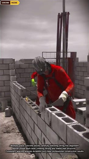 Masons Build Concrete Block Wall with Perfect Alignment Technique