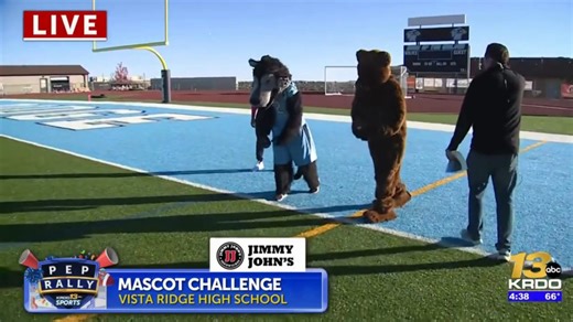 14K views · 17 reactions |  Mascot Showdown Alert! Gare Bear vs. Wolfie brought the karate chops this week — and made mascot challenge history. Watch it here: https://krdo.com/news/2025/10/17/pep-rally-report-a-historic-day-for-the-mascot-challenge-at-vista-ridge-high-school/ Be sure to tune in for our Friday Night Blitz Report at 10:15 p.m.! | KRDO13 | Facebook