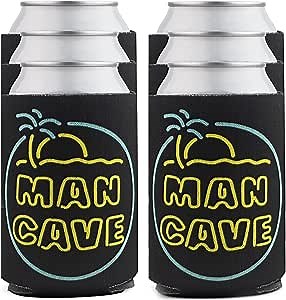 Man Cave Beverage Can Coolers - Cool Stuff for Men, Home Bar Accessories & Man Cave Decor, Beer Cooler Sleeves for Him - Insulated Drink Holders for Dad, Mancave Items - 6-Pack, Black