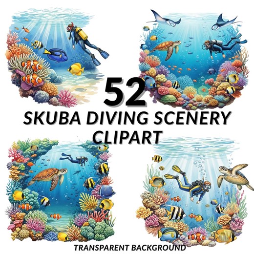 Scuba Diving Scenery Clipart Bundle, 52 Watercolor Underwater Illustrations, Transparent Background - Etsy