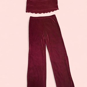 Burgundy velvet 2-piece set - stretchy cropped top... | Depop