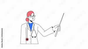 Female doctor holds stick animation. Physician with stethoscope isolated 2D cartoon flat colour line character 4K video footage on white background with alpha channel transparency for web design