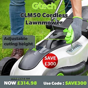 Save £300 on the Cordless Lawnmower CLM50 & Garden Safety Kit Was £614.98 Now only £314.98 with code: SAVE300 🍃 40 minutes runtime 🍃 Adjustable cutting heights 🍃 Intelligent steel blade 🍃 42cm cutting width Plus Free NEXT DAY Delivery | Gtech