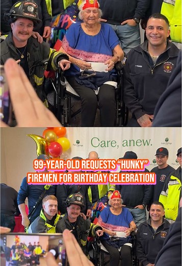 An emergency at a Chelmsford, Massachusetts nursing home. Terry Golas needed the assistance of “hunky” firemen to celebrate her 99th birthday on Tuesday. Thankfully, the department and union members were able to come to her rescue. While typically they respond to requests for birthday parties for young kids, this was definitely a first for them. #massachusetts #birthday #senior #firefighter #celebration