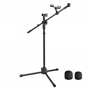 Microphone Boom Arm Stand w/ Dual Mic Clips Adjustable Tripod Phone Mount Holder