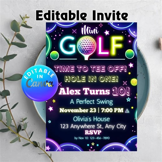 Editable Mini Golf Birthday Invitation, Glow Party, Boy Girl Golf Party Invite, Golf Invitation, Sports Birthday Party, Let's Par Tee, Canva - Etsy