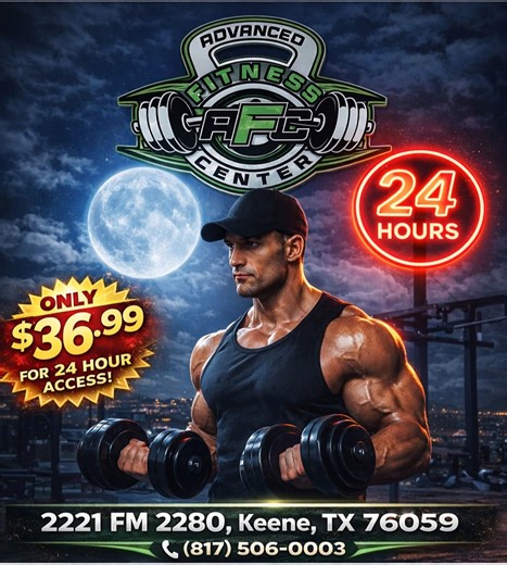 💪 OPEN 24 HOURS. TRAIN ON YOUR TIME. 💪 Get 24-hour gym access for ONLY $36.99 🔥 No contracts. No excuses. Just results. 📍 2221 FM 2280, Keene, TX 76059 📞 (817) 506-0003 Message us, call, or stop by to get started today! #AdvancedFitnessCenter #24HourGym #KeeneTX #TrainAnytime #NoExcuses @topfans | Advanced Fitness Center