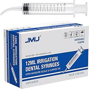 JMU 50 Pcs dental syringe with curved tip 12cc, Disposable Irrigation Syringe, Curved Syringe with Measurement Scale
