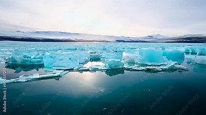 camera tilts to reveal an ice lagoon, focusing sharply on its serene and serious expression while the background blurs. The natural light and sidelights highlight the icy features
