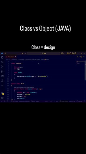 Diksha on Instagram: "“Java me Class vs Object 💻 Class = design/blueprint (yahan Student) Object = us design ka real example (yahan s1 jiska name ‘Diksha’ hai). Isi tarah real projects me hum classes se bohot saare objects banate hain. Agar samajh aaya ho to SAVE this Reel & share with your Java friend 👇 #codingreels #csstudent"