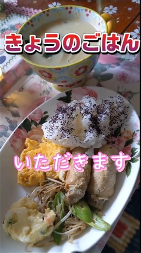 きょうのごはん🍚 しそごはん、ごぼう肉巻き、たまごやき、もやしとオクラ炒め、ポテトサラダ #今日の晩ごはん