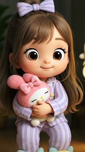 A sweet, cozy animated scene featuring a sleepy little girl in soft purple pajamas