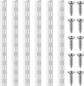 6 Pcs Dual Track Upright Wall Shelving System Heavy Duty Support System Twin Slot Shelf Rail Shelf Standards for Pantries Linen Closets Laundry Rooms(White,25 Inch)