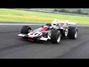 Vintage hot rod 1970 Webster Formula 5000/ on race track, Noisy crazy big pipes