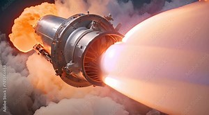 Close-up shot of Rocket Engine Ignition Powerful and Hot Flames Burst out of the Nozzle after Initial Impulse Space Exploration Rocket Launch