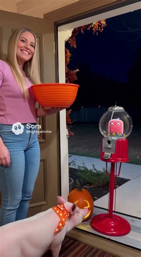 Gumball machine with a giant gummy candy in it go trick-or-treating Sora 2 Ai