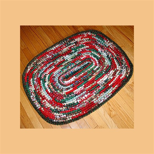 Christmas Rag Rug Hand Crocheted Rugs Oval Cotton Holiday Decor - Etsy