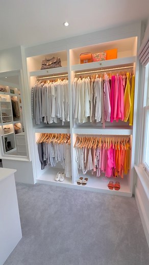 Rebecca Louise on Instagram: "My walk in wardrobe🤍 one of the most asked about rooms in my house. The dimensions of my wardrobe are 4mtrs x 4mtrs . If you are thinking of using a spare bedroom for either a guest room or a walk in wardrobe then I would definitely advice to use it as a wardrobe. In my experience a walk in wardrobe is used a lot more than a guest bedroom. I would say the most important features are good lighting (always go for too much rather than too little). Shoe & boot shelves 