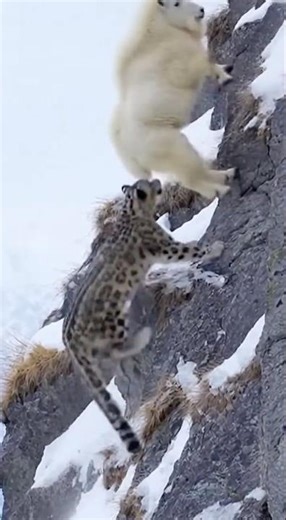 A snow leopard chases a goat to the cliff… then the goat jumps! 🐐😱🐆💥