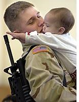 Soldiers and their backward flags.
