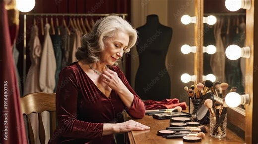 Senior actress preparing in a backstage dressing room. Elegant woman with grey hair looking in a vanity mirror before a performance. Theater and beauty concept