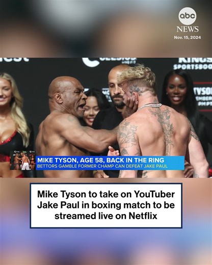 Former heavyweight boxing champion Mike Tyson is stepping back into the ring for his first professional bout in nearly 20 years to go toe-to-toe with YouTuber Jake Paul in a live event that will be streamed on Netflix. Tyson, 58, already traded blows with Paul, 27, at the weigh-in for the match, delivering a swift slap across the YouTuber's face. The match will have modified rules, with shorter round times and heavier gloves. The main event will take place in Texas and stream live on Netflix at 