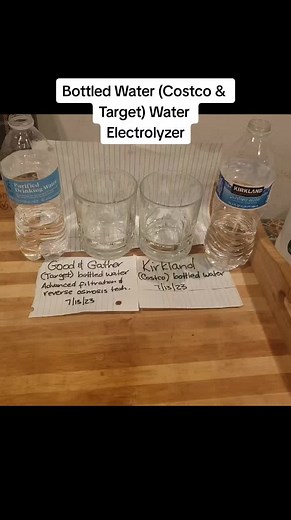 Water Electrolyzer Kirkland bottled water and Good & Gather (Target) bottled water G&G says its advanced filtration and reverse osmosis technologies. Kirkland is purified water with minerals added. Not bad! Kirkland turns yellow which is organic and is listed as having no harm.. G&G remains almost totally clear! Definitely better than the tap water!