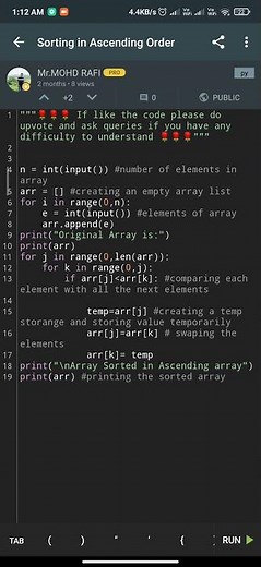 Sorting List elements in Ascending Order using python code #pythonprogramming