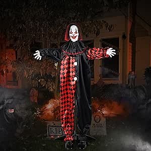[ Sound and Motion Activated ] 64" Halloween Animatronic Clown with LED Eyes and Creepy Sound, Life Size Animated Halloween Decorations Outdoor for Haunted House Props Decor Lawn Yard Patio