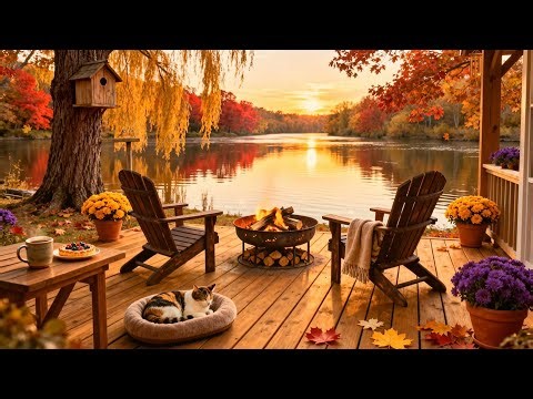 Relaxing Autumn Porch by the Lake 🍁🔥 Cozy Fire Pit & Golden Hour Fall Ambience [4K]